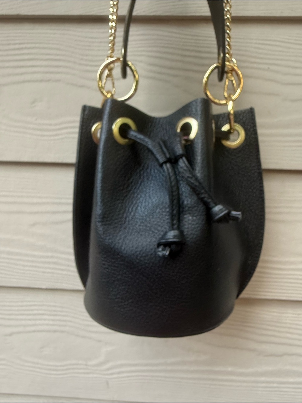 DIVA'S BAG Black Leather Drawstring Bucket Bag with Gold Hardware